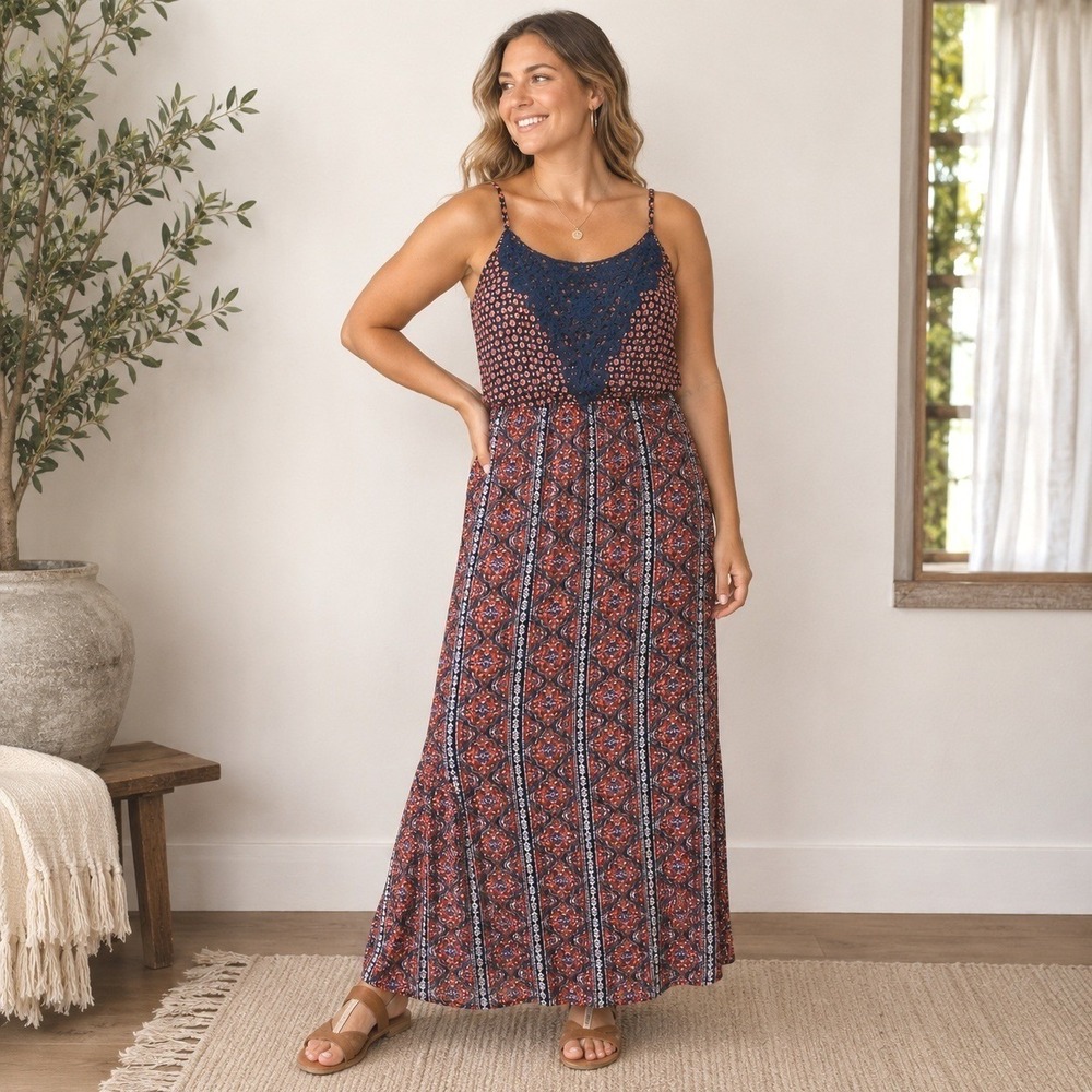 As You Wish Boho Maxi Dress Womens XL Navy Rust Crochet‎ Lace Festival Resort